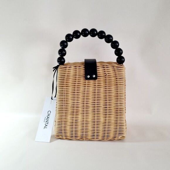 CHANTAL Paris Wicker Handbag - Natural Rattan with Black Bead Handle - NEW - Picture 3 of 9